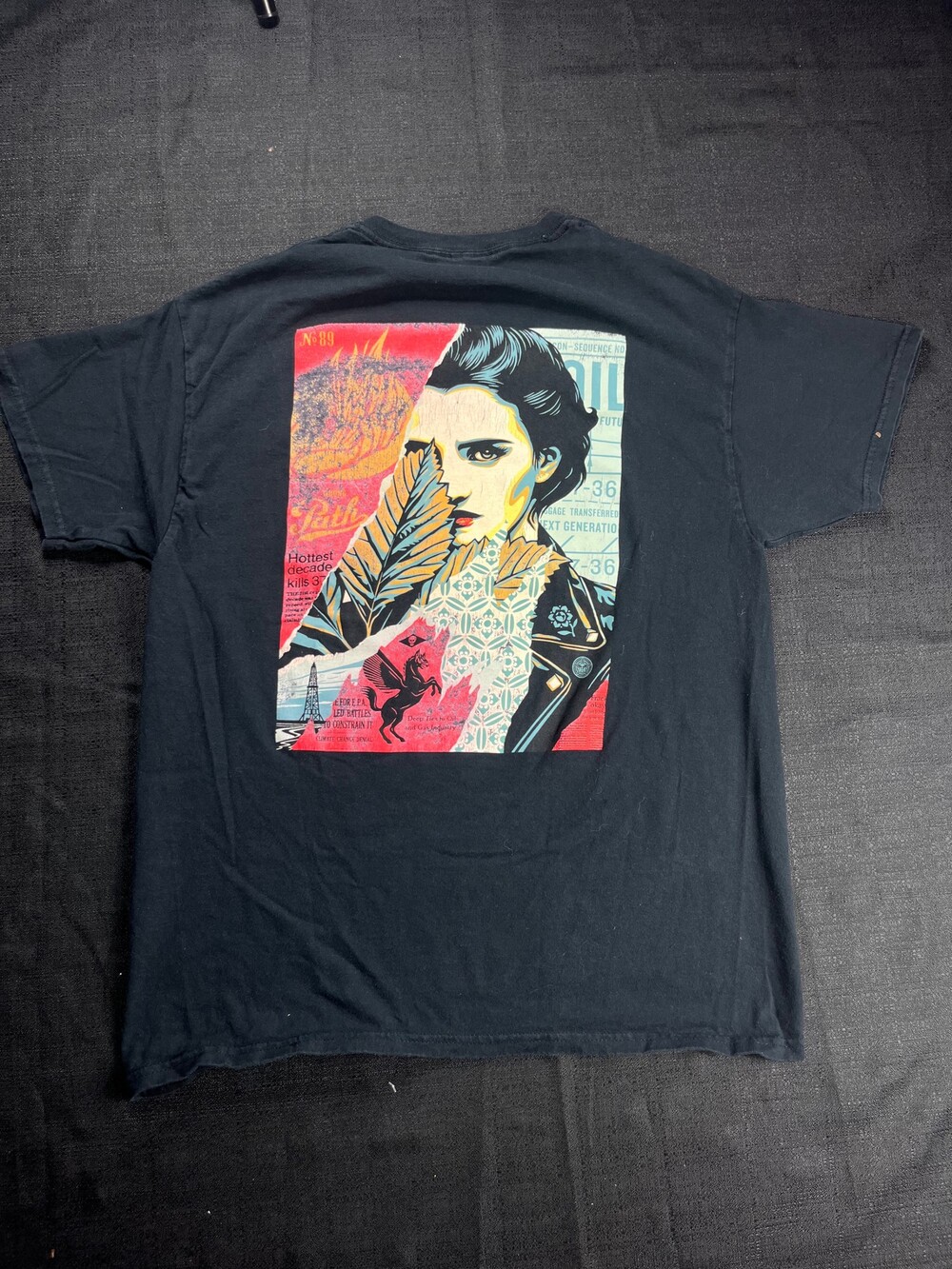OBEY XL Black Cotton T-Shirt with Colorful Woman Face Graphic on Back